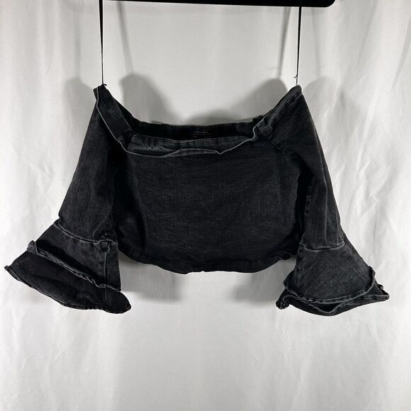 Zara Woman Crop Top Women's Large Black Smocked Off the Shoulder Bell 1/2 Sleeve - Picture 1 of 5